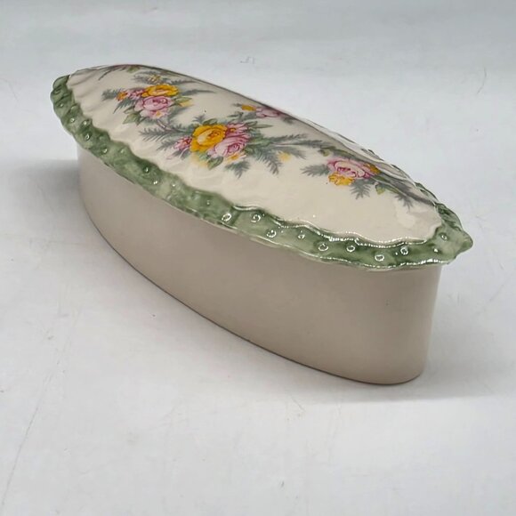 Floral Ceramic Trinket Box With Green Scalloped Edge & Pastel Design For Small J - Picture 6 of 7